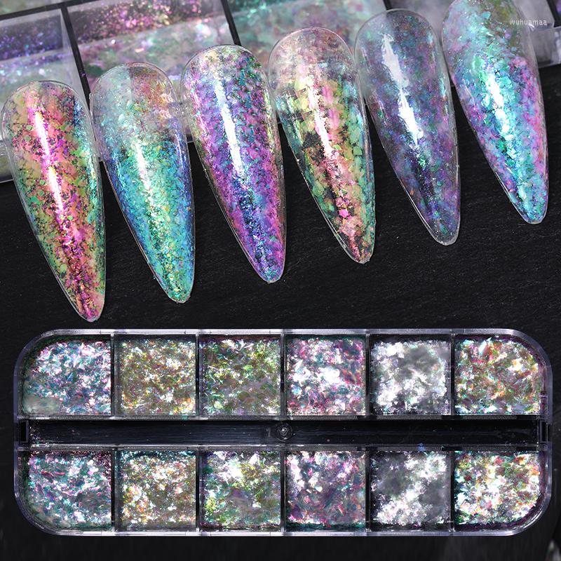 

Nail Glitter 12 Grids Iridescent Nails Aurora Crystal Fire Flakes Holographic Sparkle Sequins Charms Gel Polish Manicure Decor