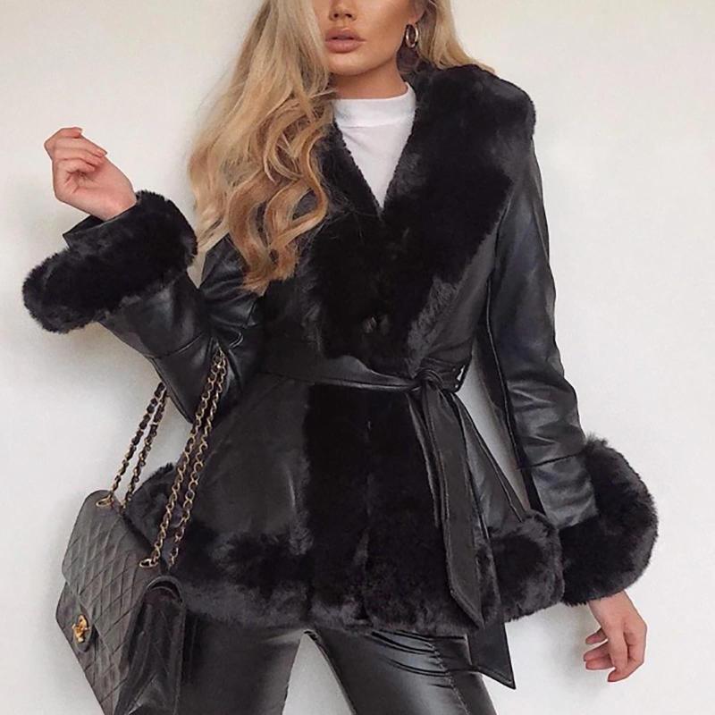 

Women's Down Coat Women Parka Winter Fashion Faux Fur Lace Up Belted Long Coats Luxy Elegant Ladies Warm Jackets Leather Plus Size, Black
