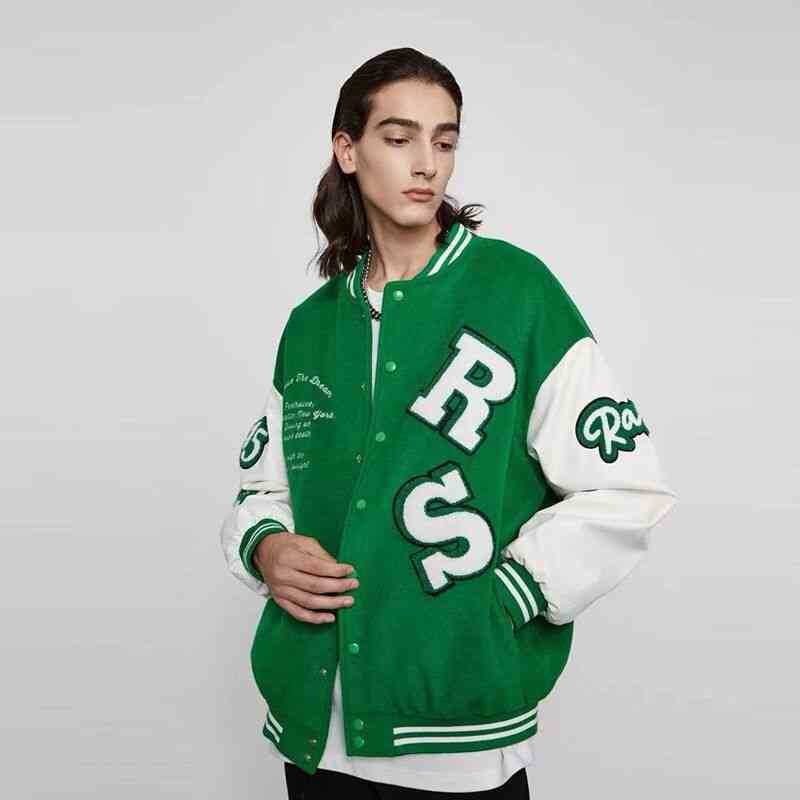 

hoodieAmerican Embroidered Baseball Suit Men's Spring Fashion Brand Couple Versatile Loose Ruffian Handsome Stitched Leather Sleeve Jacket, Black