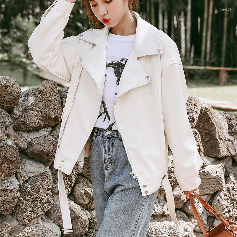 

Women' Leather Spring Women Pu Coat Motorcycle Jacket With Belt Solid Color Loose Casual Short, Beige