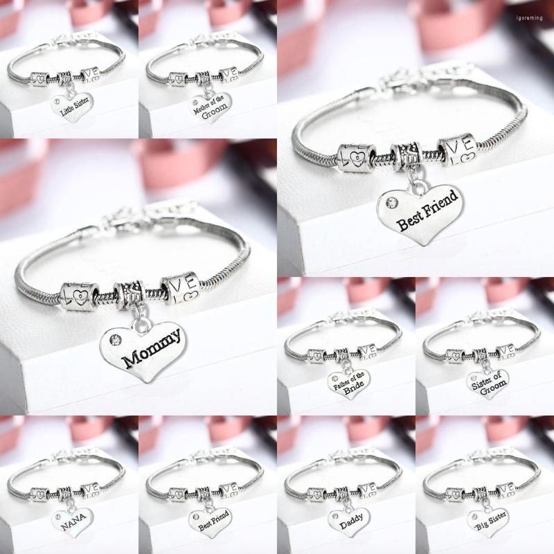 

Link Bracelets 12PC Family Jewelry Glossy Clear Crystal Heart Charm Pendant Love Bead Chain Bangles Daddy Mommy Sister Nana Xmas Gift
