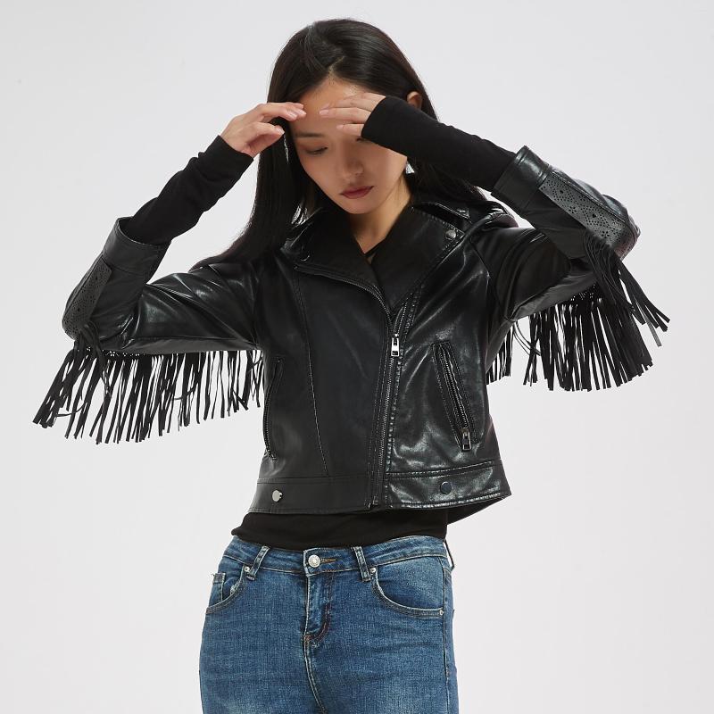 

Women' Leather 2022 Autumn Winter Women Motorcycle Faux Sheepskin Jackets Ladies High Street PU Tassel Black Brown Punk Outerwear Coats, L025 brown
