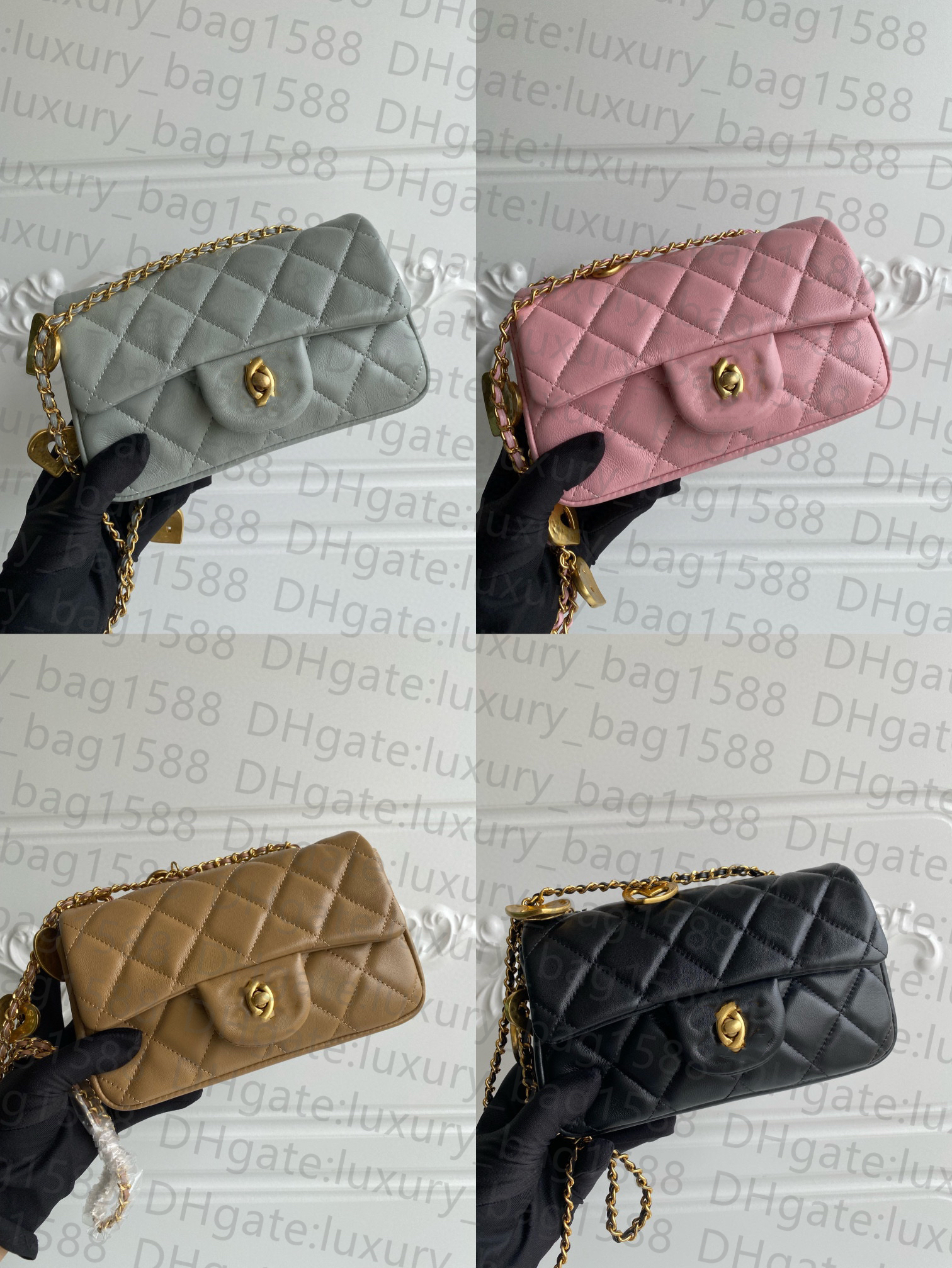 

5A women bag CF 22SS single shoulder bag Ring patterned Italian sheep skin heart chain metal logo design large capacity fashion designer cross body flip bag, Pink