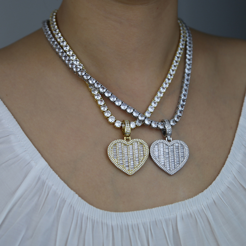 

Iced out heart pendant necklace with 5mm cz tennis chain hip hop jewelry for women men fashion wedding jewelrys drop ship