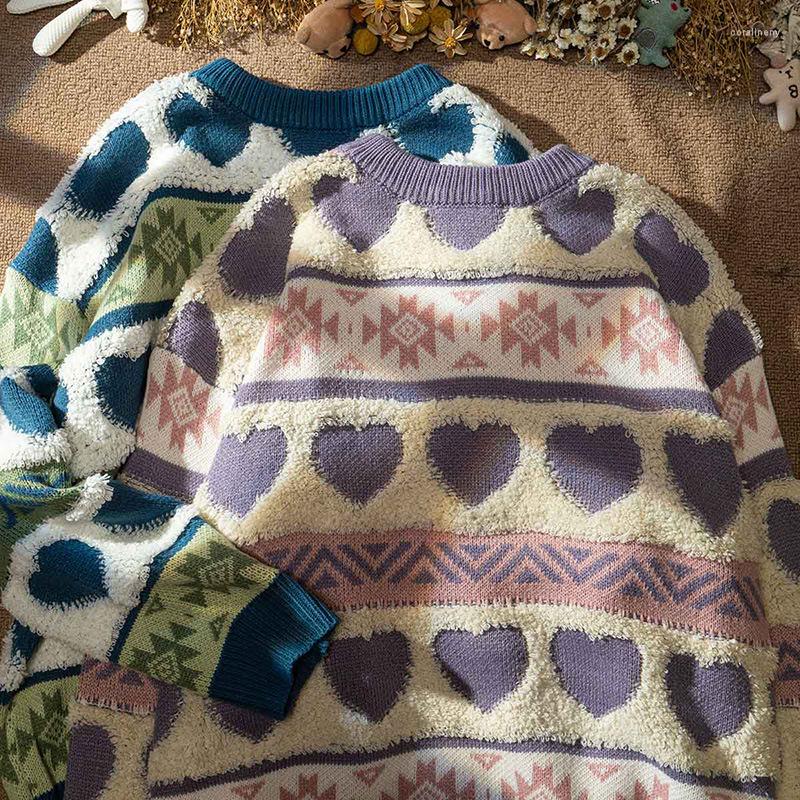 

Men's Sweaters 2022 Winter Christmas Sweater Women Knitted Men Harajuku Heartshaped Pattern Pullover Vintage O-Neck, Blue