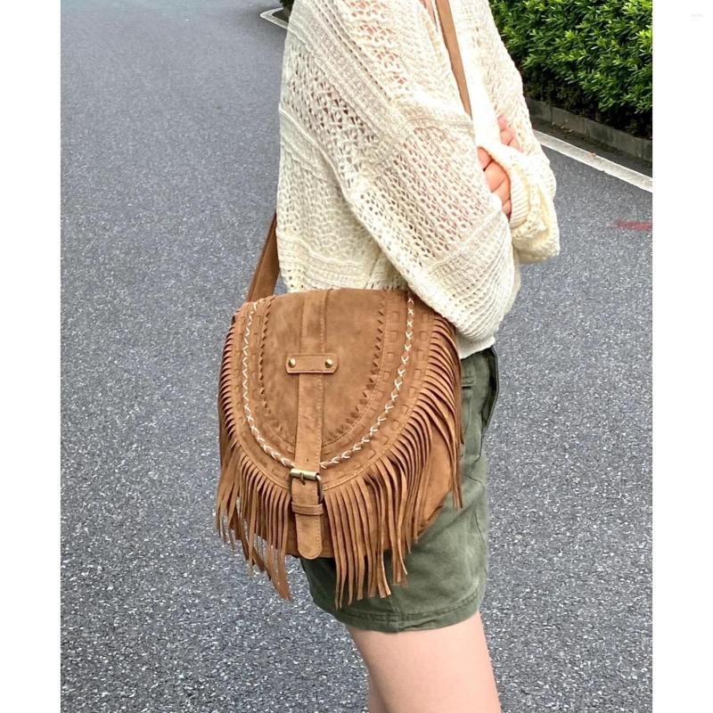 

Evening Bags 2022 Vintage Women Tassel Shoulder Bag Suede PU Leather Female Saddle Retro Crossbody Fashion Small Messenger Sling, Brown