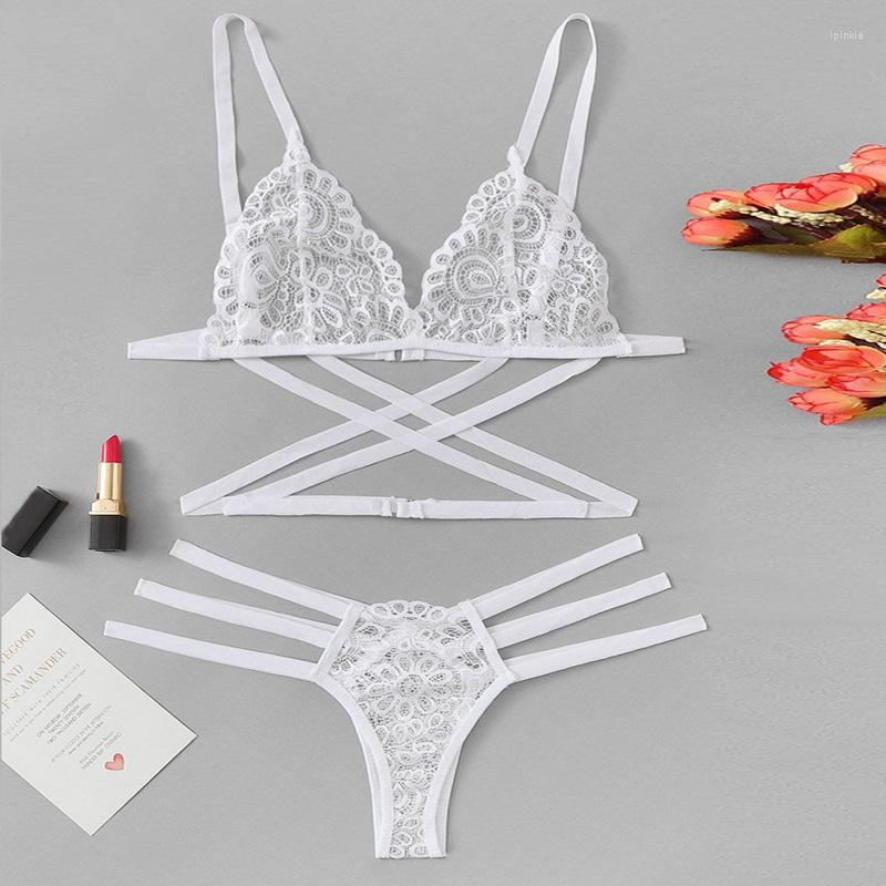 

Bras Sets Women's Sexy Lingerie Lace Bra Set Translucent Bandage Cross Belt Ladies Femal G-string Underwear Suit, Black