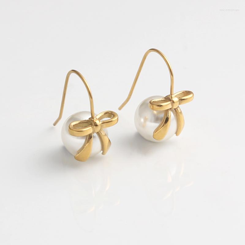 

Dangle Earrings Selling Fashion Jewelry Bowknot Style Hook Stainless Steel Waterproof Gold Plated Pearl Drop For Women
