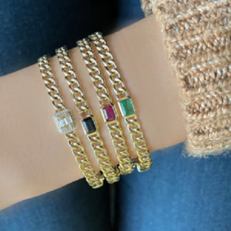 

Bangle Gold Color Cuban Link Chain Band Bracelet With Colorful Rectangle CZ European Women Simple Fashion Jewelry