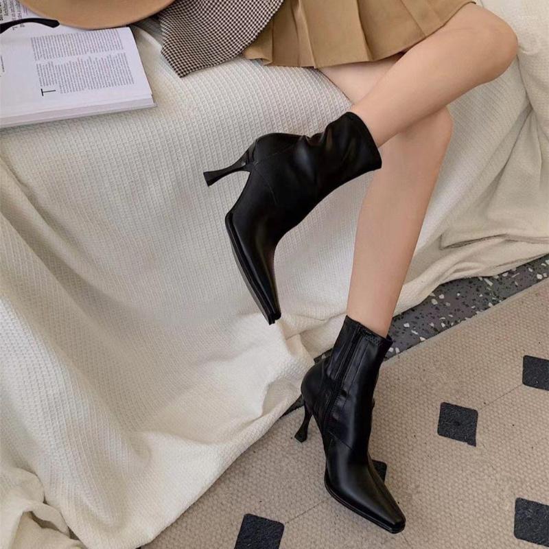 

Boots Round Toe Women Ankle Black White Beige Thin High Heels Side Zipper Stretch Shoes Short Booties Fashion Autumn Winter Bota