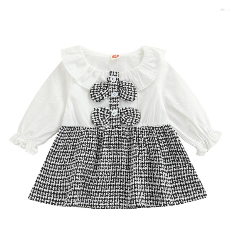 

Girl Dresses Lovely Baby Dress Long Sleeve Buttoned Bow Knot Doll Collar Elastic Cuff Check Skirt Kids Clothing 0-24M, Black