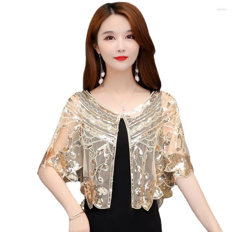 

Women's Jackets Women's Fashion Short Sequined Small Cardigan Women's Summer Light Mesh Perspective Coat Cloak-style One Button, Black