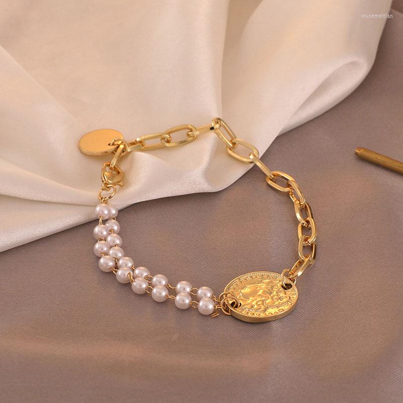 

Link Bracelets 2022 Fashion Pearl Beaded Chain For Women American Style Gold Bracelet Bangles Personality Jewelry Gift To Female
