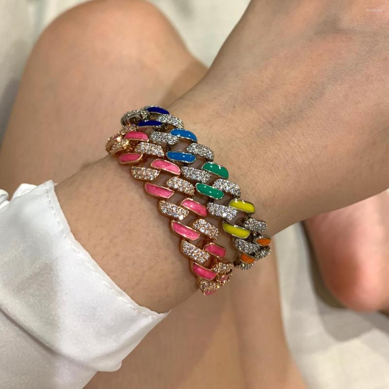 

Charm Bracelets 2022 Summer Out Bling CZ Hiphop Women Jewelry Neon Enamel Green Blue Rainbow 11mm Width Colorful Cuban Link Chain