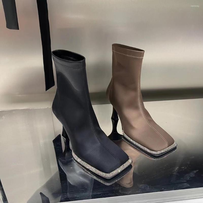 

Boots Square Toe Women Ankle Rhinestone Chain Thin High Heels Dress Shoes Slip On Sock Botas Fashion Stretch Booties Black Brown
