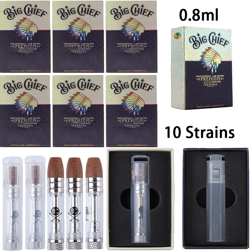 

Big Chief Vape Cartridges Wood Tip 0.8ml Ceramic Coil Atomizers 10 Strains 510 Thread Dab Pen Wax Vaporizer E Cigarette Glass Thick Oil Cartridge Atomizer Empty