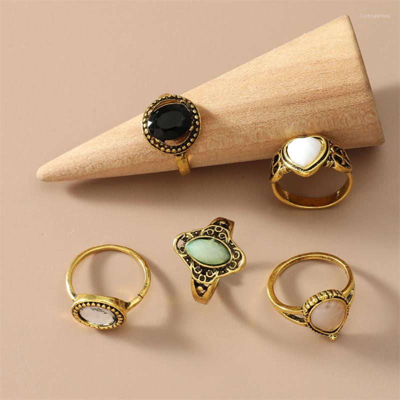 

Cluster Rings 2022 5 Pieces/Set Retro Color Fashion Geometric Contrast Ring Set Women's Jewelry Anillos Mujer Boda