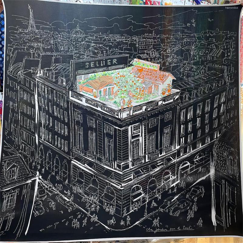 

Scarves POBING Silk Cashmere Scarf Women Hand Rolled Shawl Night City Print Square Wraps Bandana Big Hijabs Female Foulard 135CM