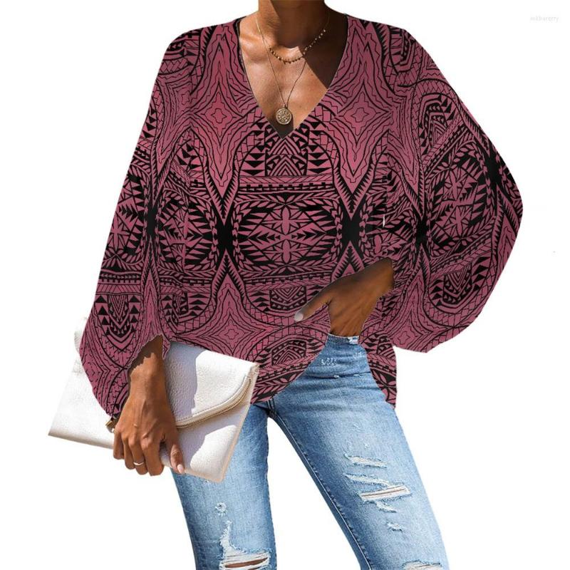 

Women's Blouses 2022 V-neck Woman Blouse Polynesian Tribal Clothing Retro Red Pattern Print Custom Trendy Long Lantern Sleeve Chiffon Shirt, Wmy22050905b2