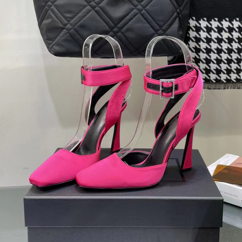 

Dress shoes 2022 spring new rose red Chunky heel strap square head back empty sandal satin 10CM sandals women's Luxury Designers Dress shoe Evening factory footwear, Black