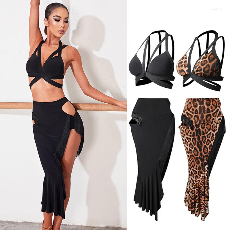 

Stage Wear Women's Latin Dance Tops Sexy Slit Fringe Skirt Practice Clothes Adult Samba Dress Rumba Show Costume DNV, Leopard tops
