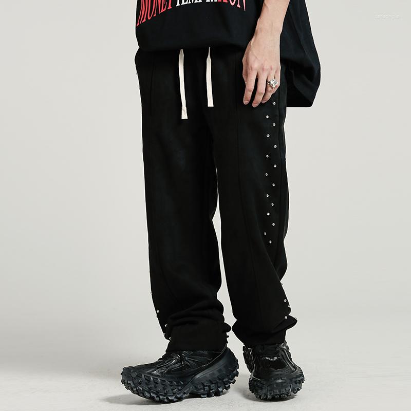 

Men's Pants Rivet Embroidery Drawstring Solid Color Suede Casual Trousers Men And Women Streetwear Loose Wide Leg Oversized Track, Black