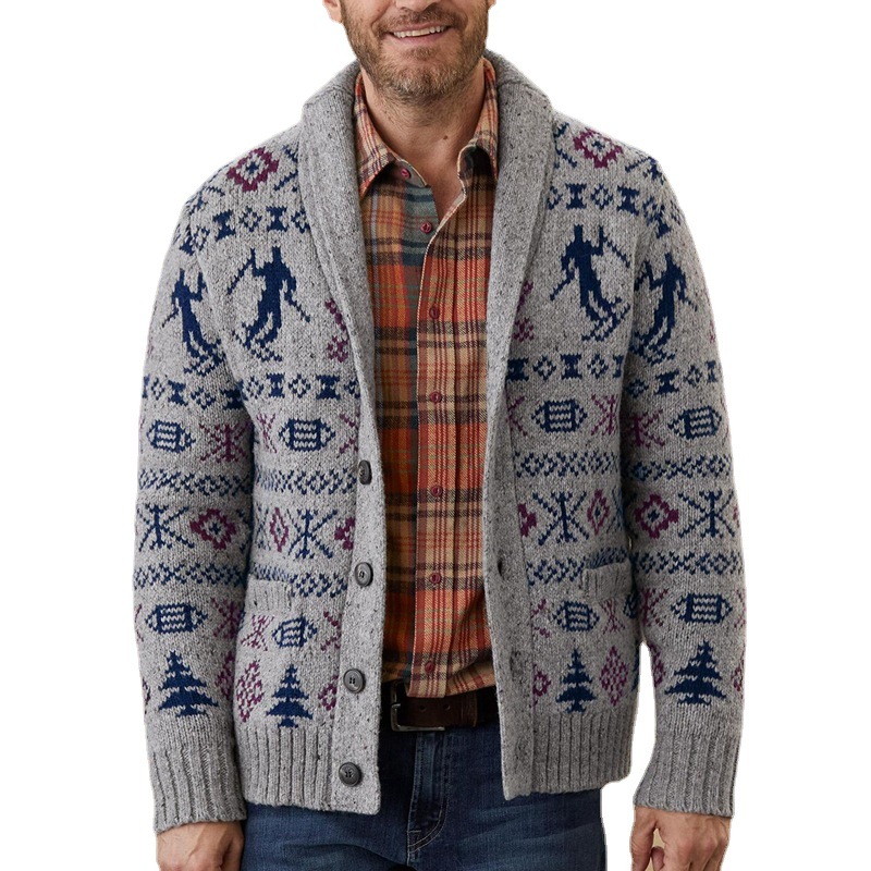 

New fall/winter Lapel long sleeve jacquard sweater single breasted casual sweater jacket for men, Gray