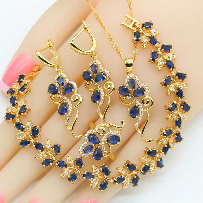 

18K Gold Plated Women's Earrings Necklace Pendant Ring Bracelet Christmas Gift and Birthday Sapphire Jewelry Set