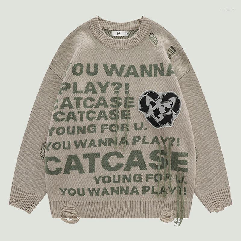 

Men's Sweaters Fashion Men's Ripped Hole Knitted Hip Hop Letter Printed Jumpers Streetwear Harajuku Oversized Casual Pullovers Unisex, Purple