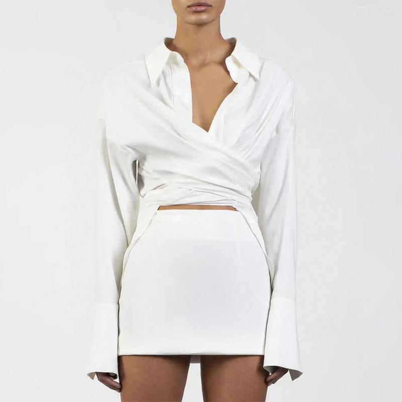

Casual Dresses Ins Blogger' Private Collection - Qiu Chunyu Ceiling Silk Blended Irregular Long-sleeved V-neck Top Short Skirt Suit, White skirt