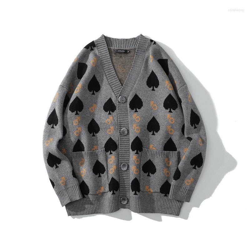 

Men's Sweaters Love Jacquard Full Print Cardigan Men's Ins European American Loose V-neck Knitted Sweater Men Fashion Jacket Top, Black