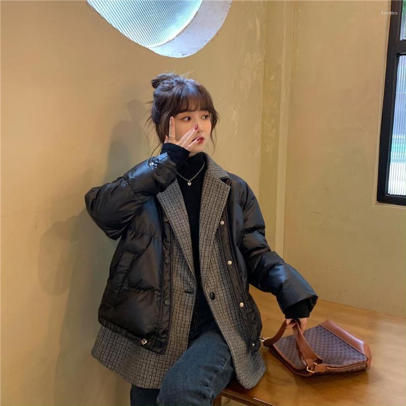 

Women's Down Fake Two Pieces Winter Women Thick Cotton Jacket 2022 Female Padded Coats Korean Version Loose Mid-length Plaid Black Parkas