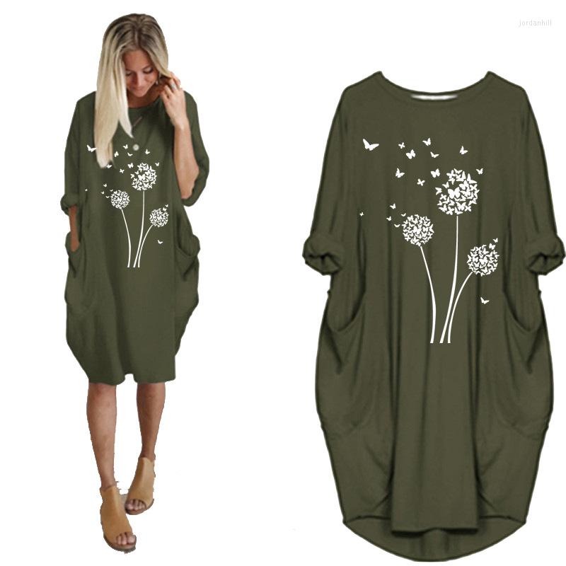 

Casual Dresses Women' Midi Dress Dandelion Print Vintage Vestidos Long Sleeve O Neck Pocket Loose Robe Femme Female Streetwear, Sky blue