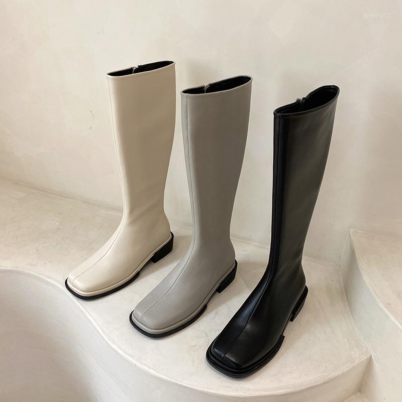 

Boots Square Toe Women Knee High Back Zipper 2022 Arrivals Beige Grey Black Flat Low Heels Winter Party Botas Autumn
