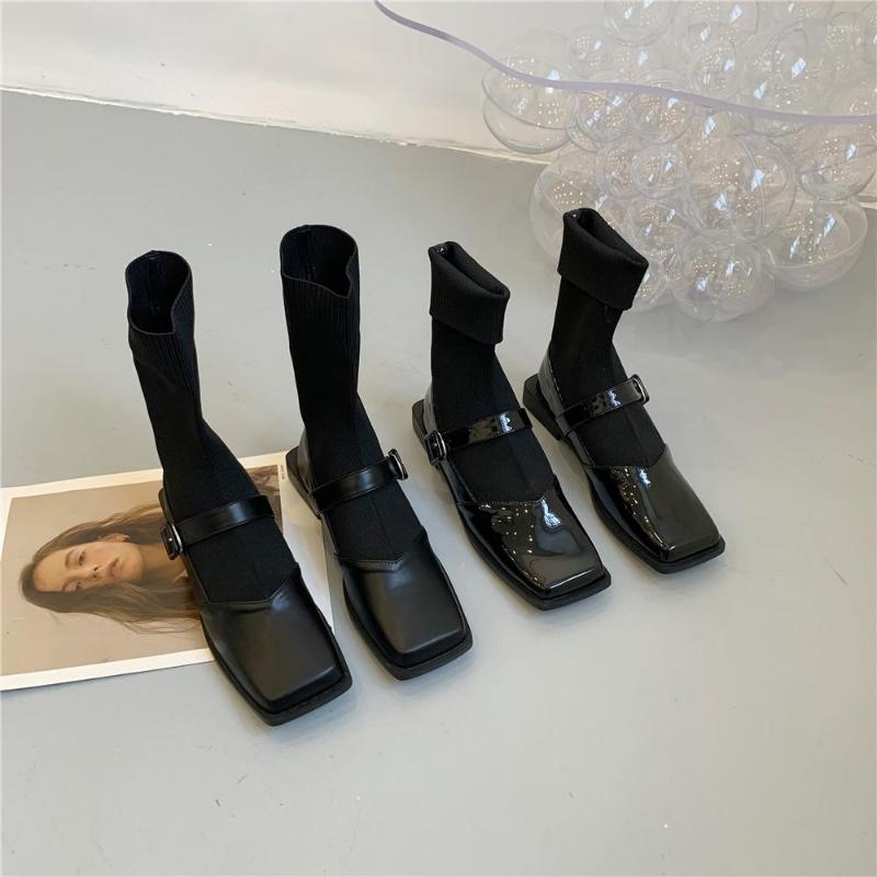 

Boots Fashion Women Ankle PU Patent Leather Ladie Sock Booties Flat Low Heel Slip On Belt Buckle Winter Autumn Botas Size 35-39, Black 1