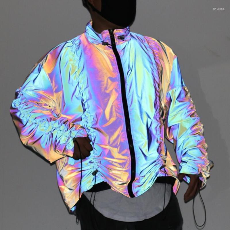 

Men's Jackets European Size Drawstring Colorful Reflective Jacket Male Ins Fashion Streetwear Harajuku Personality Casual Windbreaker, Gray blue