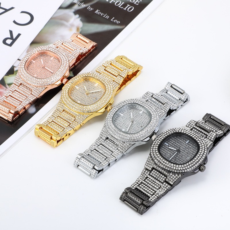 

Hiphop Square Hip Hop Diamond Watchs Mens Diamond Set Quartz Calendar Full Sky Star Steel Band Watch Wholesale