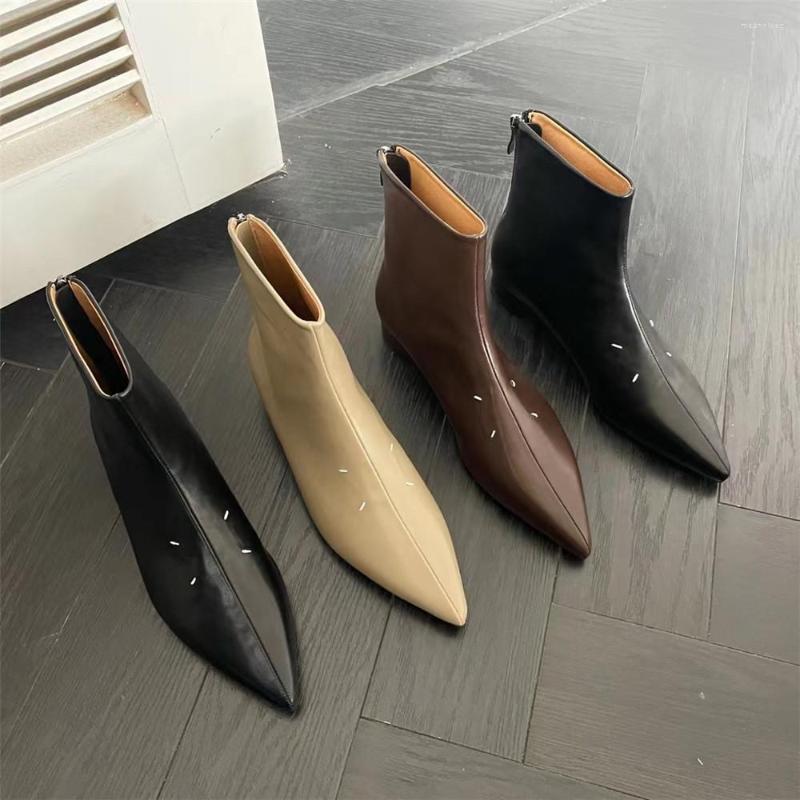 

Boots Winter Women Ankle Pointed Toe Autumn Short Booties Black Brown Beige Back Zipper Flat Low Heels Sexy Pumps Size 35-39