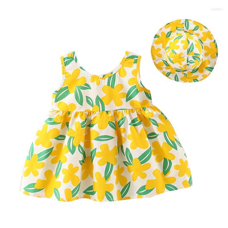 

Girl Dresses 2Piece Summer Baby Girls Princess Dress Sunhat Print Cute Flowers Sleeveless Cotton Born Infant Clothing Set BC2034