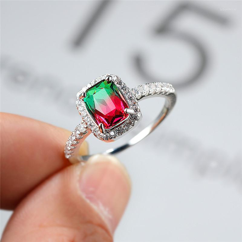 

Wedding Rings Luxury Female Crystal Red Green Stone Ring Vintage Silver Color For Women Trendy Zircon Square Engagement