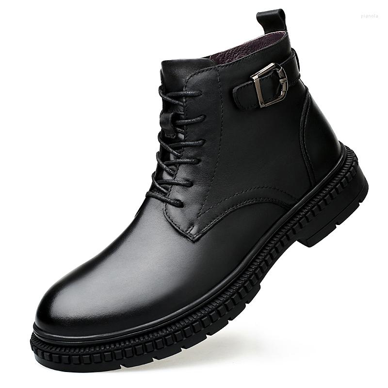 

Boots Men Genuine Leather Autumn Winter Cow Upscale Shoe Male Business Office Warm Boot Plush Fur Casual Men's Shoes, Black-no fur