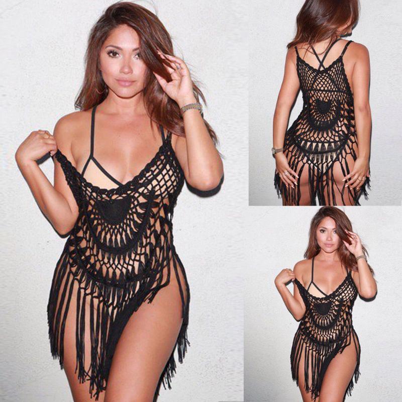 

Women' Swimwear Women' Sexy Women Hollow Out Beach Cover Up Crochet Bikini Ups Tassel Cover-ups Bathing Suit Dress Swimsuit, Black