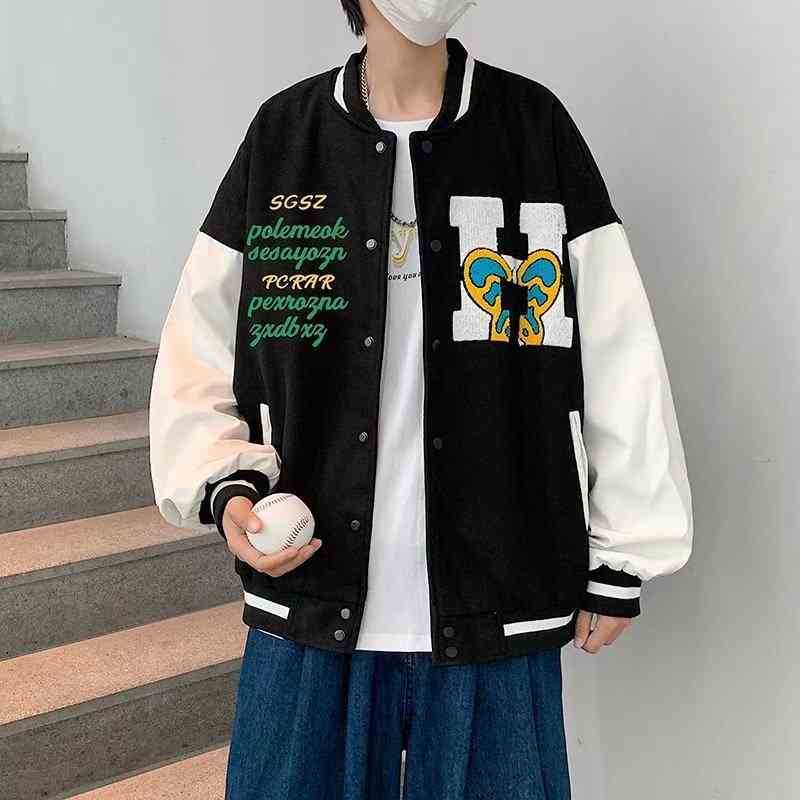 

hoodieJacket American Street Cartoon Contrast Color High Landscape Embroidered Baseball Suit Couple Male Hip Hop Versatile Jacket Fashion, Black