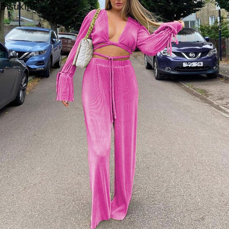 

Women' Two Piece Pants Women' Summer Pink Set Women Casual Loose Bandage Blouses Shirt Matching Wide Leg Trousers Suit Woman 2 Pant, Blue
