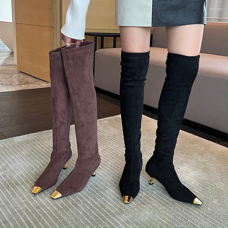 

Boots Over The Knee High For Women Round Toe Knight Sock Botas Thin Heels Slip On Stretch Black Brown Ladies Pumps