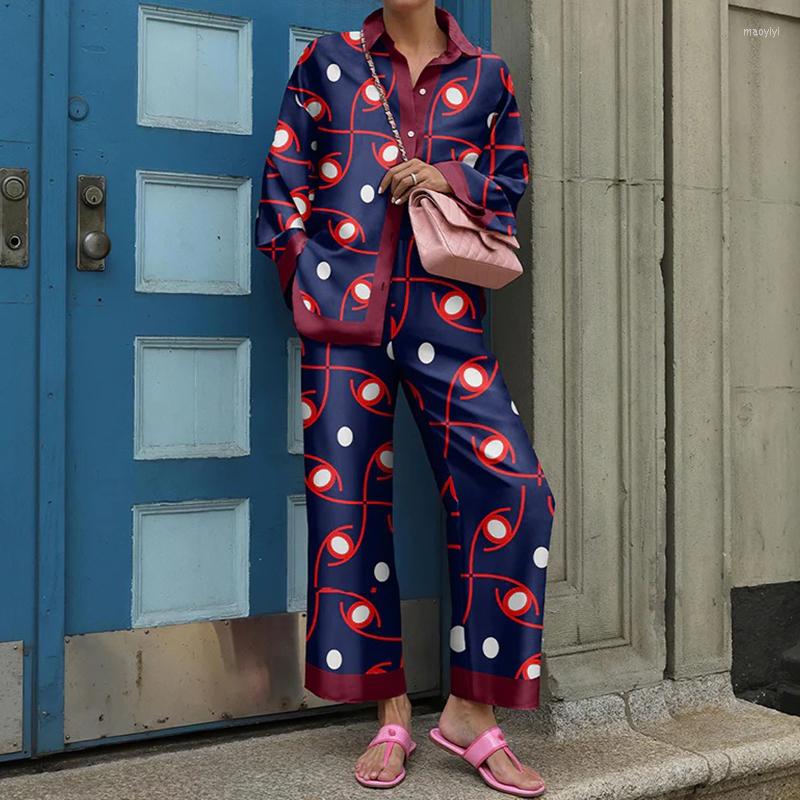 

Women's Two Piece Pants Autumn Elegant High Street Fashion Print Casual Suits For Women 2022 Vintage Chic Pattern Shirts Long Sets, 06 dark blue square