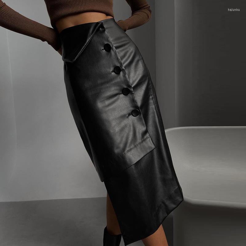 

Skirts Sexy Black PU Leather Hight Waist Long Skirt Solid Irregular Shape Button Unique Design Style Streetwear Female Clothing