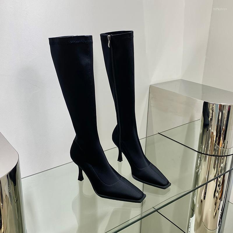 

Boots Square Toe Women Scck Booties 2022 Arrivals Black Silk Thin High Heels Side Zipper Fashion Party Pumps Autumn Knight