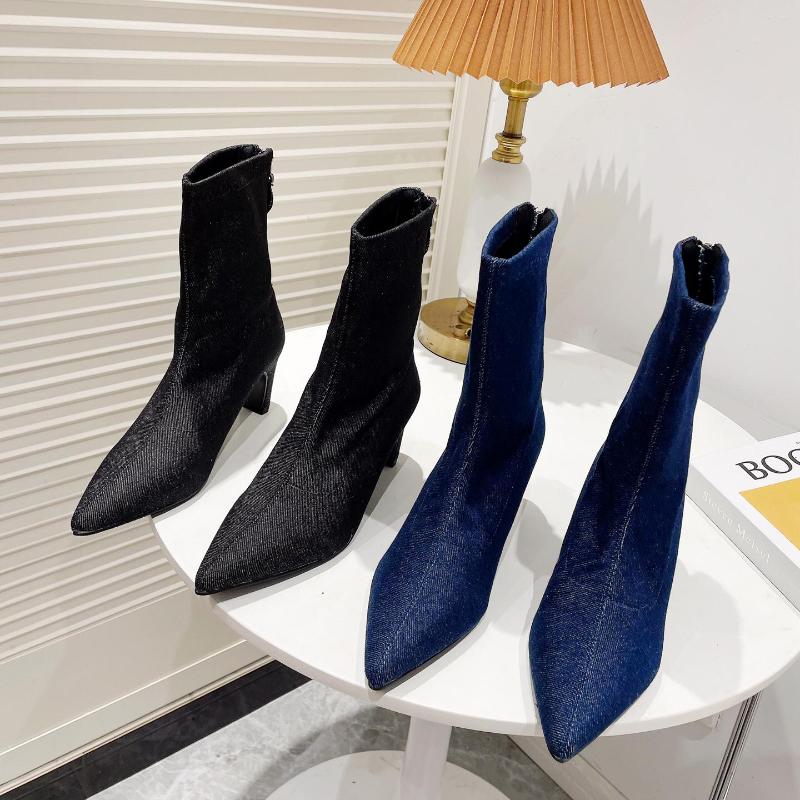 

Boots Fashion Women Ankle Pointed Toe Sock Botas Thick High Heels Black/Blue Denim Stretch Shoes Back Zipper Winter Autumn