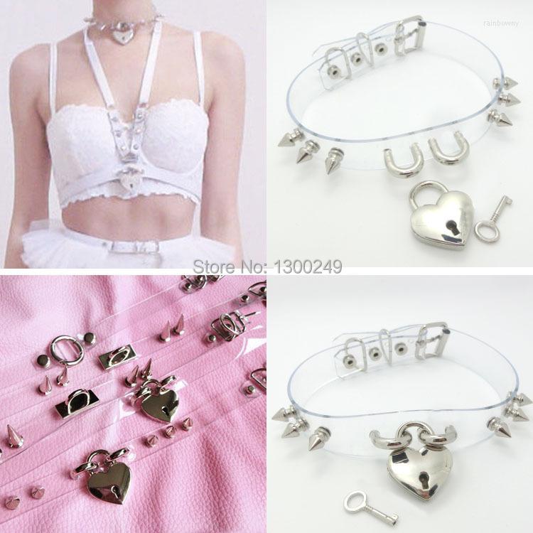 

Choker Sexy Fashion Harajuku Dark Rivet Handmade Leather Punk Necklaces Belt Transparent Sweet Heart Lock & KEY Torque